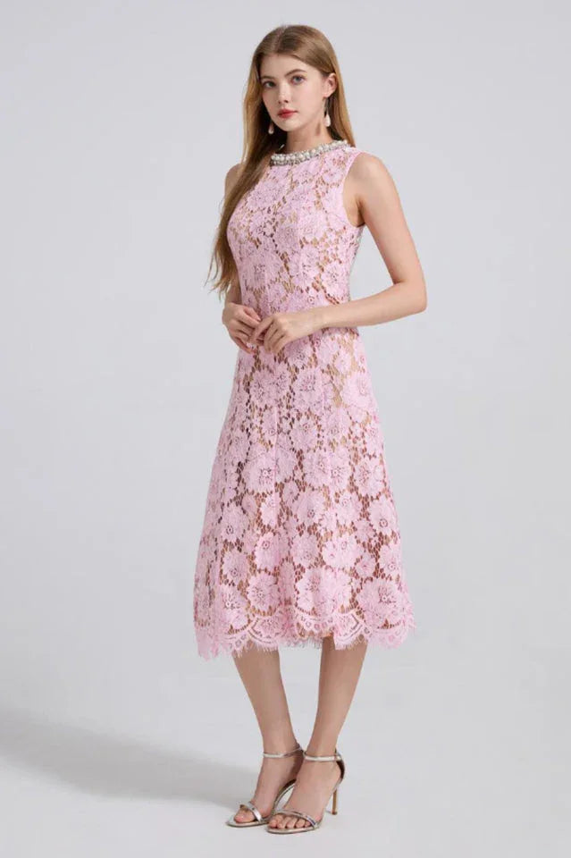 Ariana Floral Lace Sleeveless Midi Dress - TEVQA