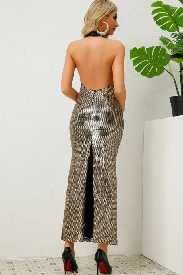 Textured Foil Halter Neck Maxi Dress - TEVQA
