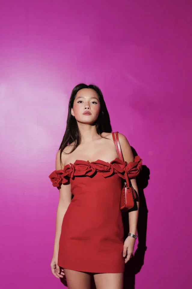 Rose Embellished Off-the-Shoulder Mini Dress - View 16 | TEVQA