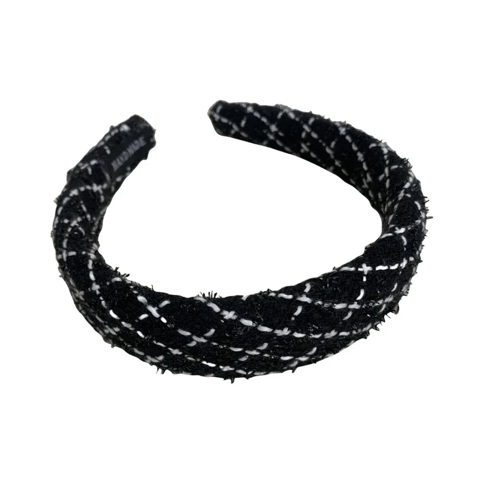 Black and white tweed headband with criss-cross pattern Main image