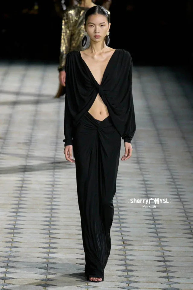 Black cropped top and skirt set - View 7 | TEVQA