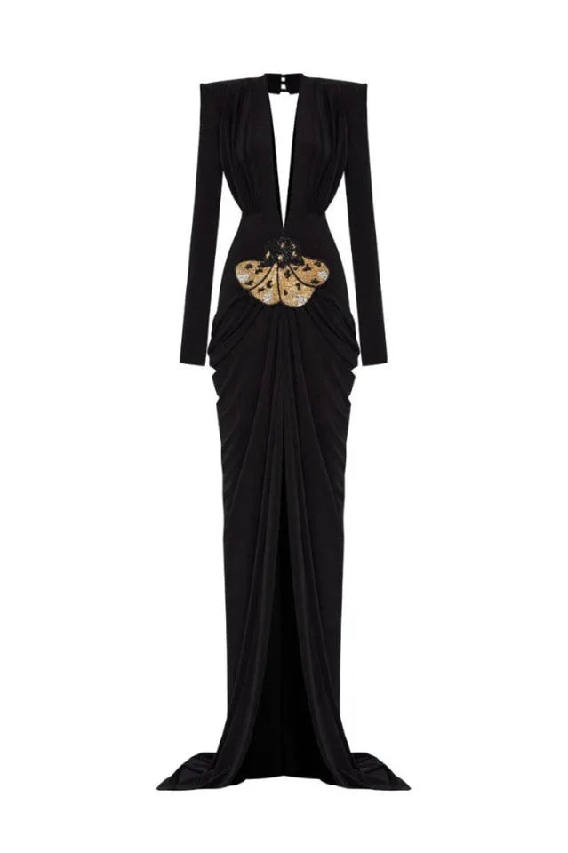Embellished V-Neck Draped Gown - View 8 | TEVQA
