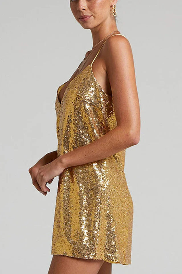 Sparkly sequin mini dress with V-neckline and spaghetti straps - View 7 | TEVQA