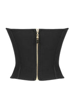 Black structured corset top with a gold zipper closure on the back, front view