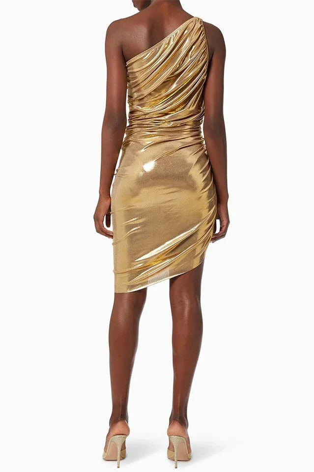 Metallic knit one-shoulder dress with ruched detailing - View 7 | TEVQA