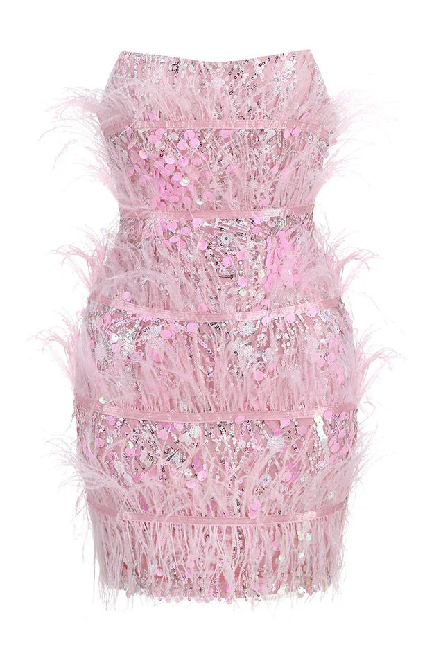 Pink sequin feather mini dress - View 9 | TEVQA