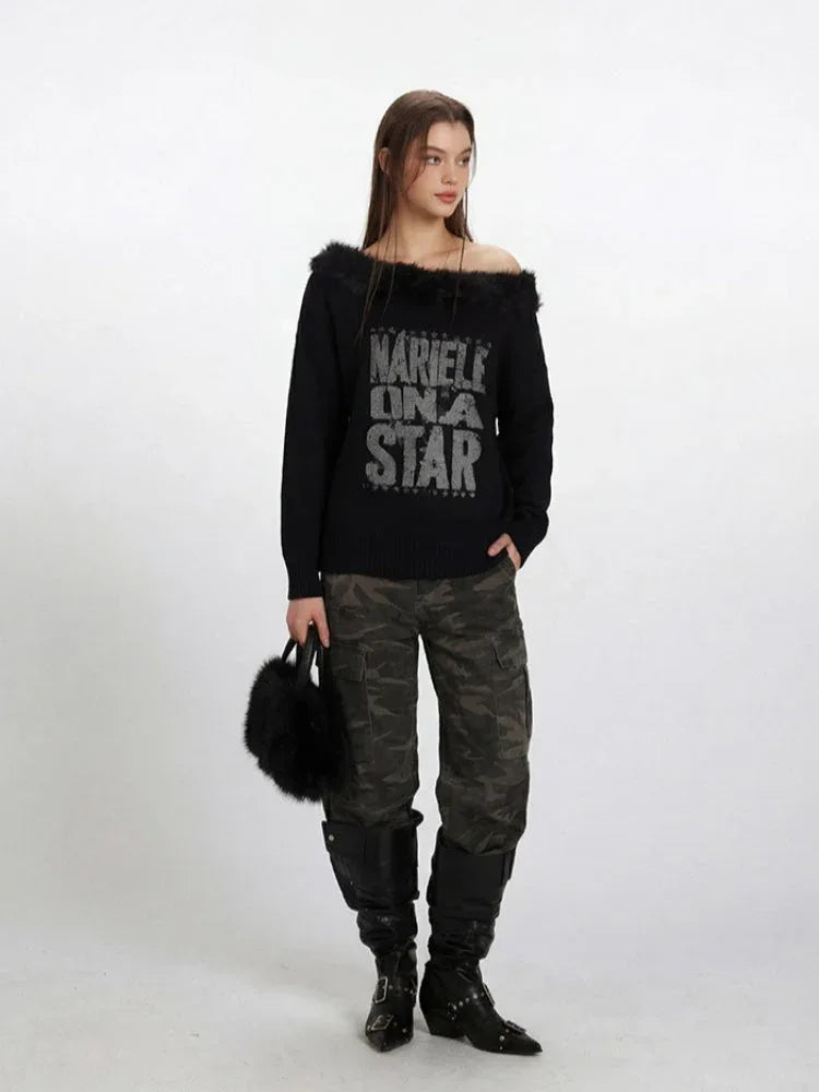 Y2K Grunge Faux Fur Trim Off-Shoulder Sweater - TEVQA