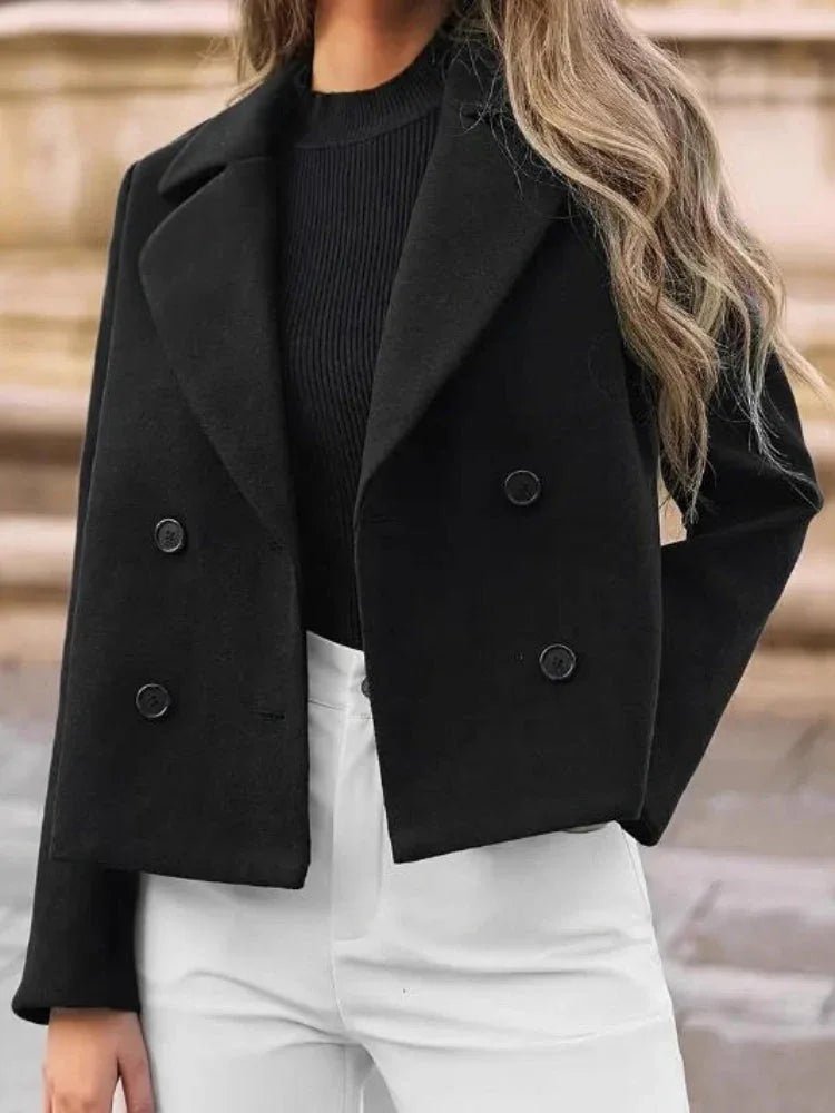 Classic Black Double-Breasted Cropped Pea Coat - TEVQA