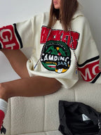Oversized knit hoodie with graphic print and hood - View 7 | TEVQA