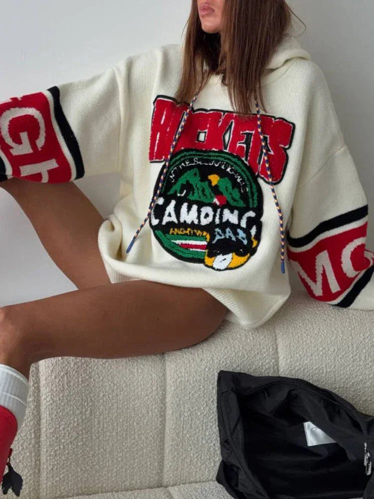 Oversized knit hoodie with graphic print and hood - View 7 | TEVQA