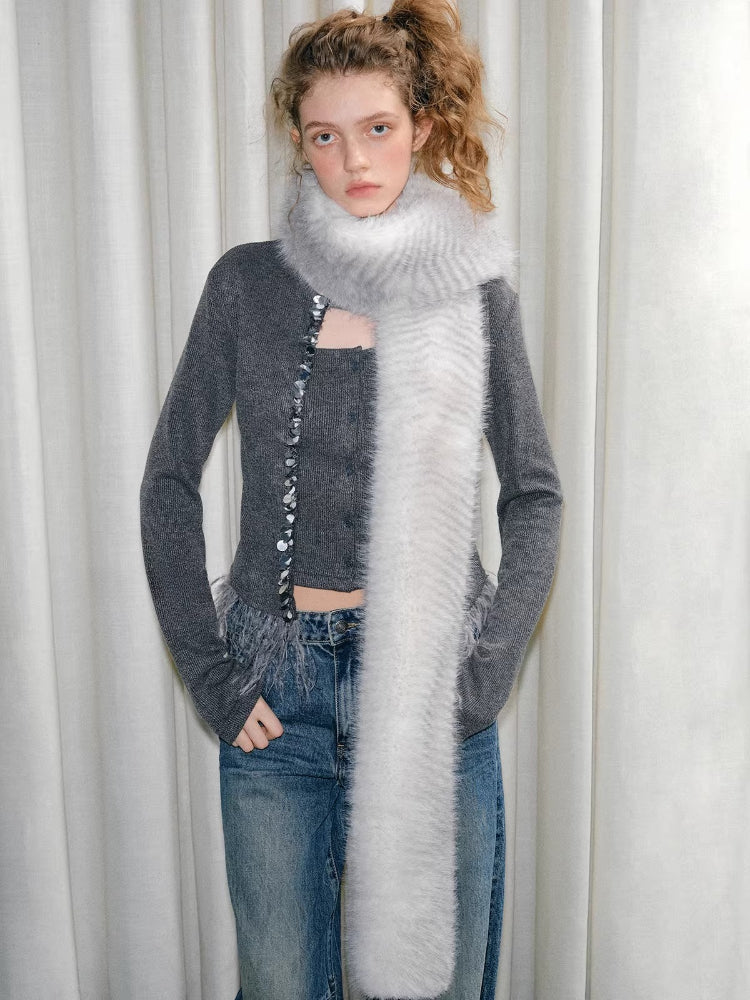 Silver Snow Faux Fur Scarf Extra Long Winter Neck Warmer