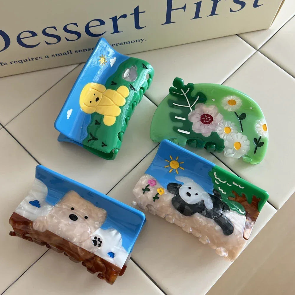 Whimsical Dog Storybook Acetate Hair Claw Clip - 3.3 Inch Scenic Accessory - TEVQA