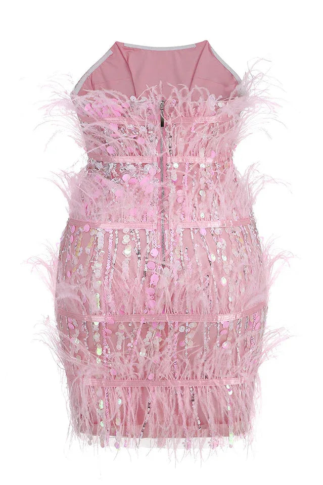 Pink sequin feather mini dress - View 10 | TEVQA