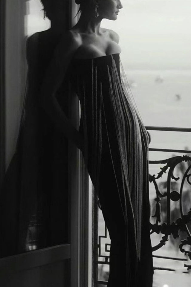 Evelyn Crystal Chain Detail Strapless Jumpsuit | Dress In Beauty