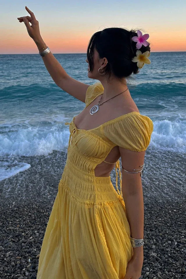 Smocked Midi Dress with Puff Sleeves - View 13 | TEVQA