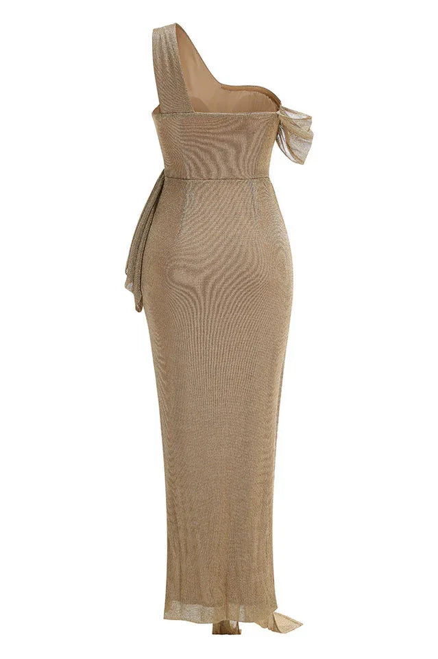 Gold Draped Metallic Maxi Dress - TEVQA