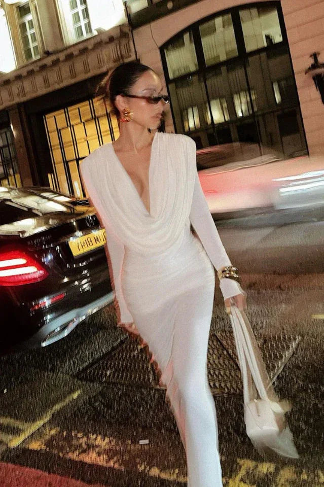 White long sleeve maxi dress with cowl neck - View 6 | TEVQA