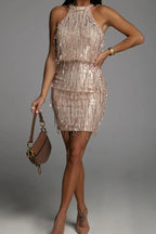 Sequin fringe halter neck mini dress - View 10 | TEVQA
