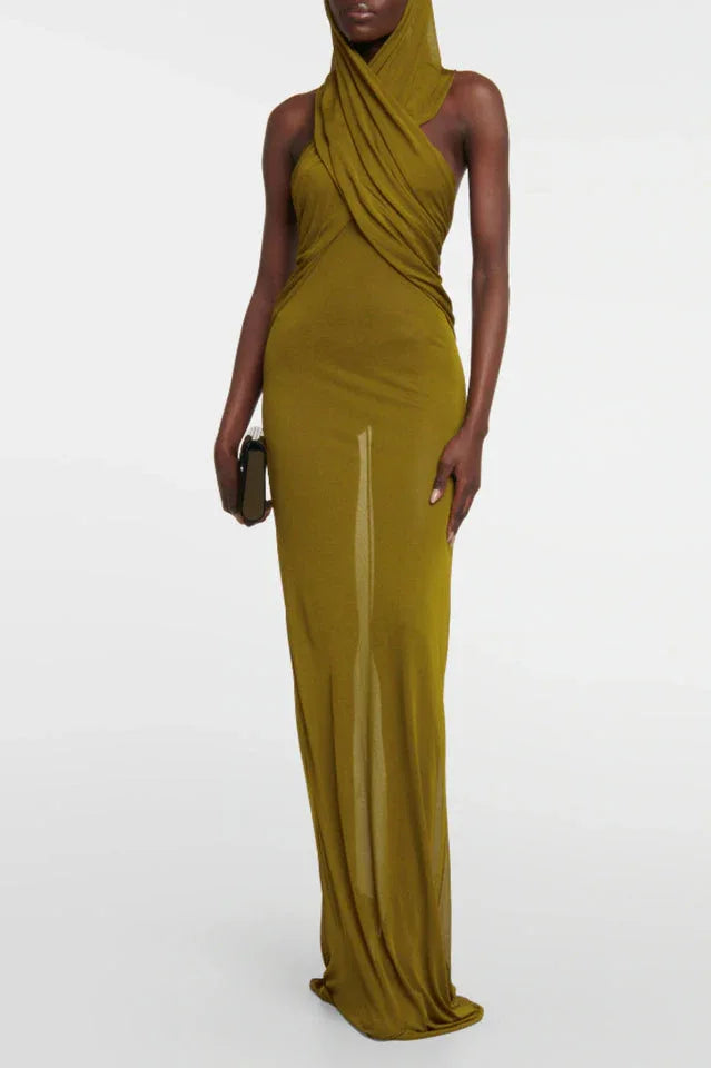 Ruched Maxi Dress with Headscarf - View 9 | TEVQA