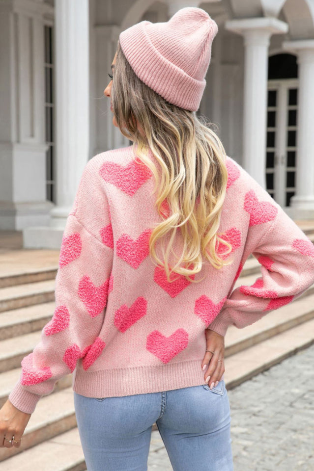 Blissful Jacquard Pink Heart Sweater | Dress In Beauty