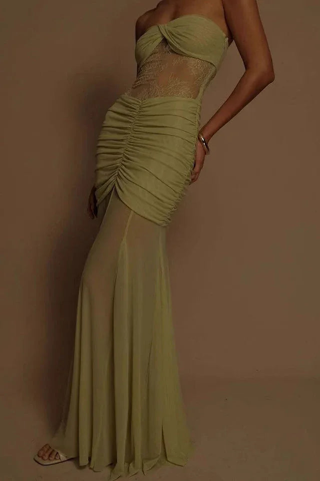 Khadijah Lace and Mesh Maxi Dress in Sage - View 11 | TEVQA