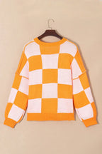 Women’s Pink Checkerboard Oversized Knit Sweater - TEVQA