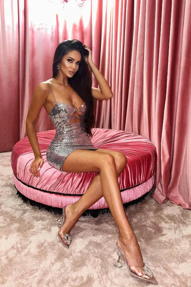 Draped Bra Mini Dress With Double Metal Ring - TEVQA