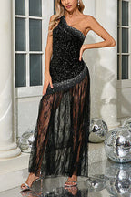 Elegant black one-shoulder sequined gown with a sheer lace skirt