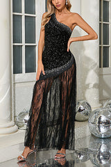 One Shoulder Shiny Sequin Lace Dress | Dress In Beauty