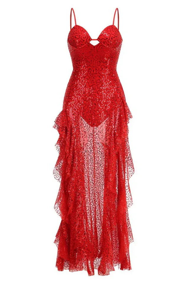Red sequined lace evening gown with a high slit and ruffled hem, displayed on a mannequin.