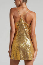 Sparkly sequin mini dress with V-neckline and spaghetti straps - View 8 | TEVQA