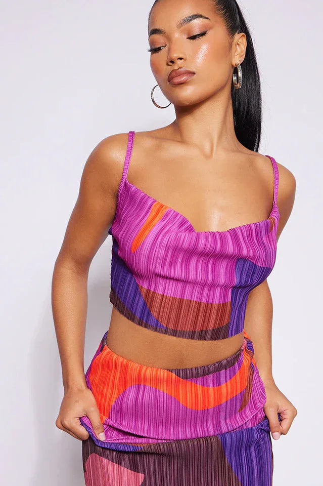 Pleated Cow Neck Top & Maxi Skirt Set Secondary image