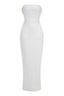 Full-length studio shot of a white strapless pearl-embellished column gown