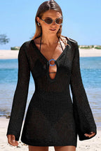 White crochet beach cover-up with V-neckline and long sleeves - View 6 | TEVQA