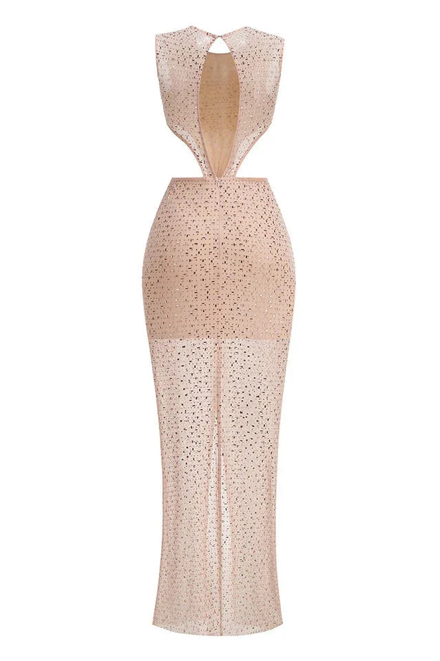 front view of a blush pink sequined gown with a deep V-neckline and cut-out waist