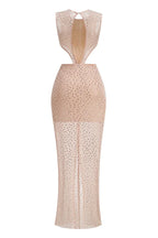 front view of a blush pink sequined gown with a deep V-neckline and cut-out waist