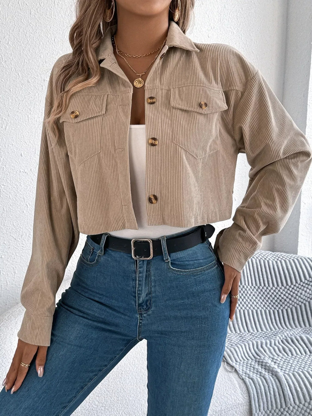 Midnight Noir Corduroy Cropped Jacket - View 16 | TEVQA