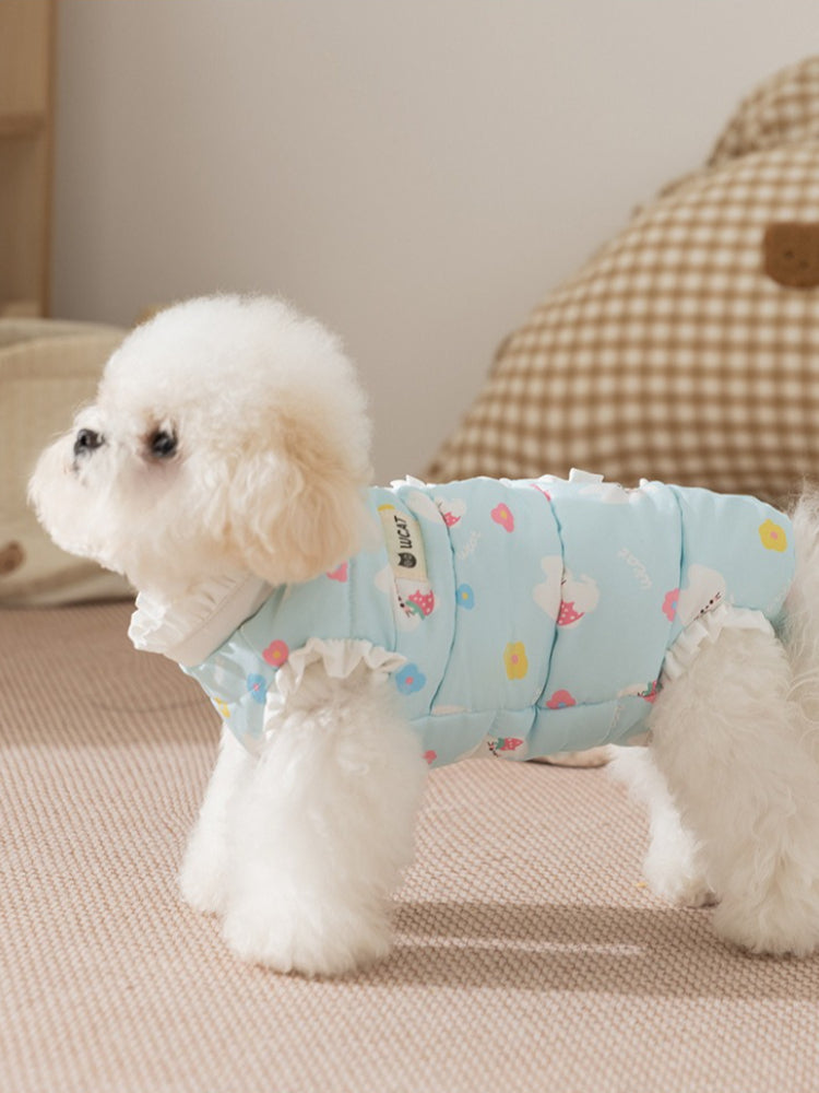 Cream Bear Print Quilted Pet Jumpsuit with Ruffles