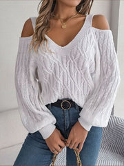 Elegant Ivory Cold Shoulder Cable Knit Sweater