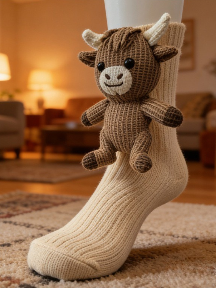 A pair of cream-colored, ribbed knit socks with a crocheted highland cow plush toy attached to one sock.