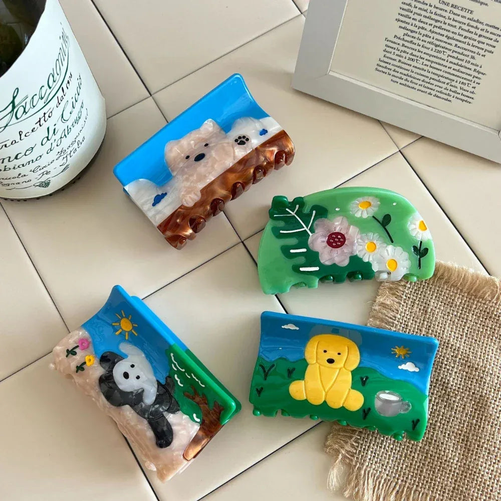 Whimsical Dog Storybook Acetate Hair Claw Clip - 3.3 Inch Scenic Accessory - TEVQA