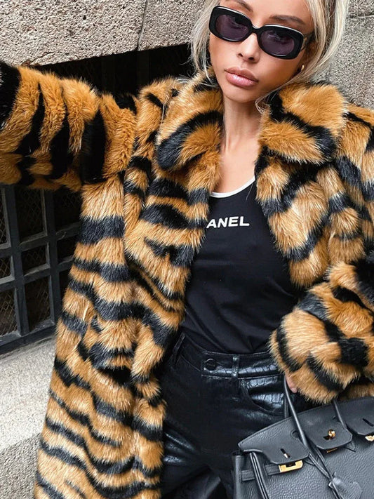 Statement Tiger Print Faux Fur Long Coat - TEVQA
