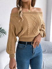 Khaki Off-Shoulder Cable Knit Sweater
