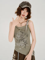 Vintage Graphic Patchwork Tank Top with Buckle Strap - Olive Green