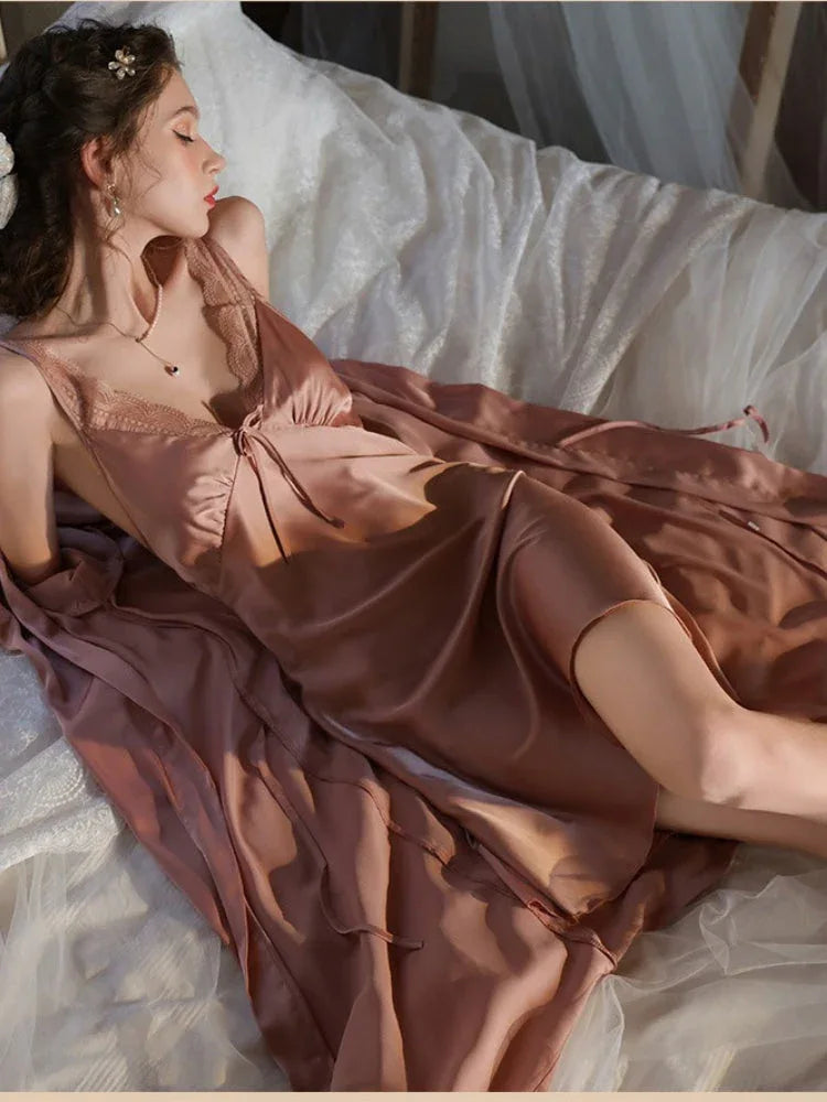 White Lace Trim Satin Slip Dress & Robe Set - TEVQA