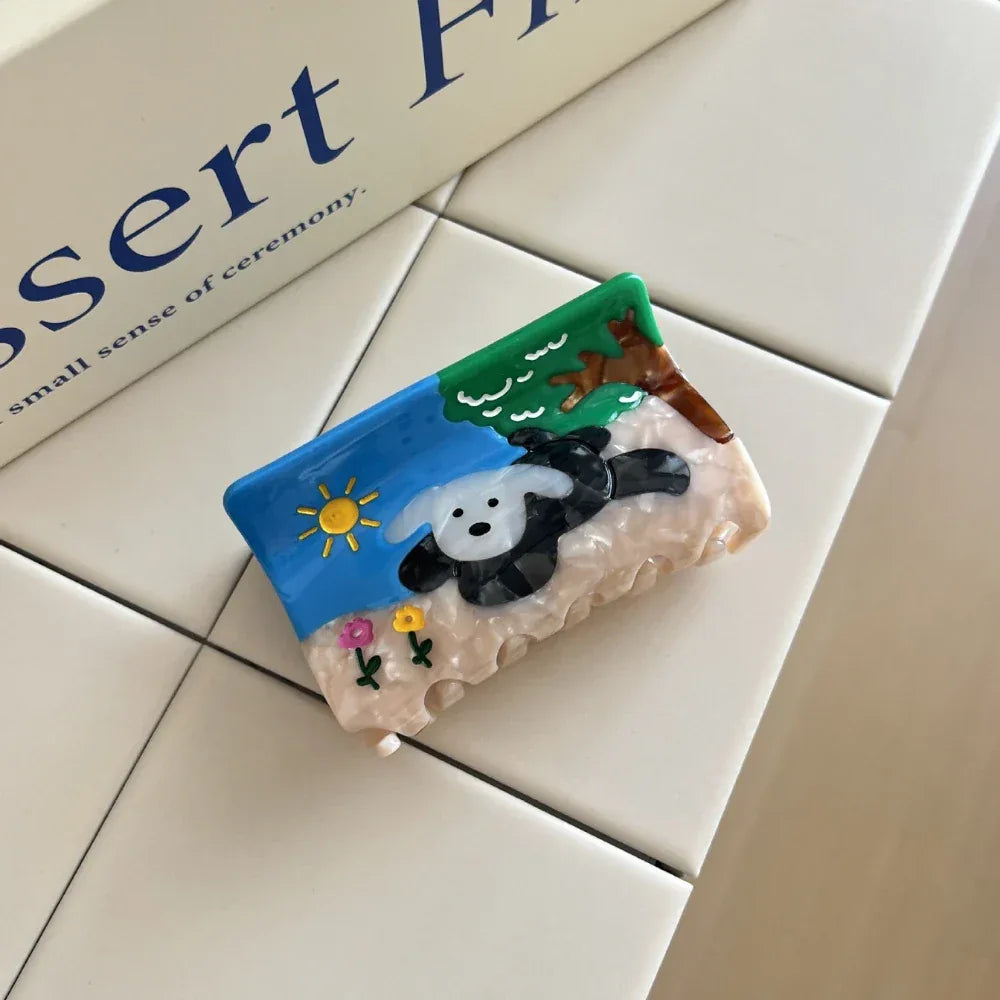Whimsical Dog Storybook Acetate Hair Claw Clip - 3.3 Inch Scenic Accessory - TEVQA