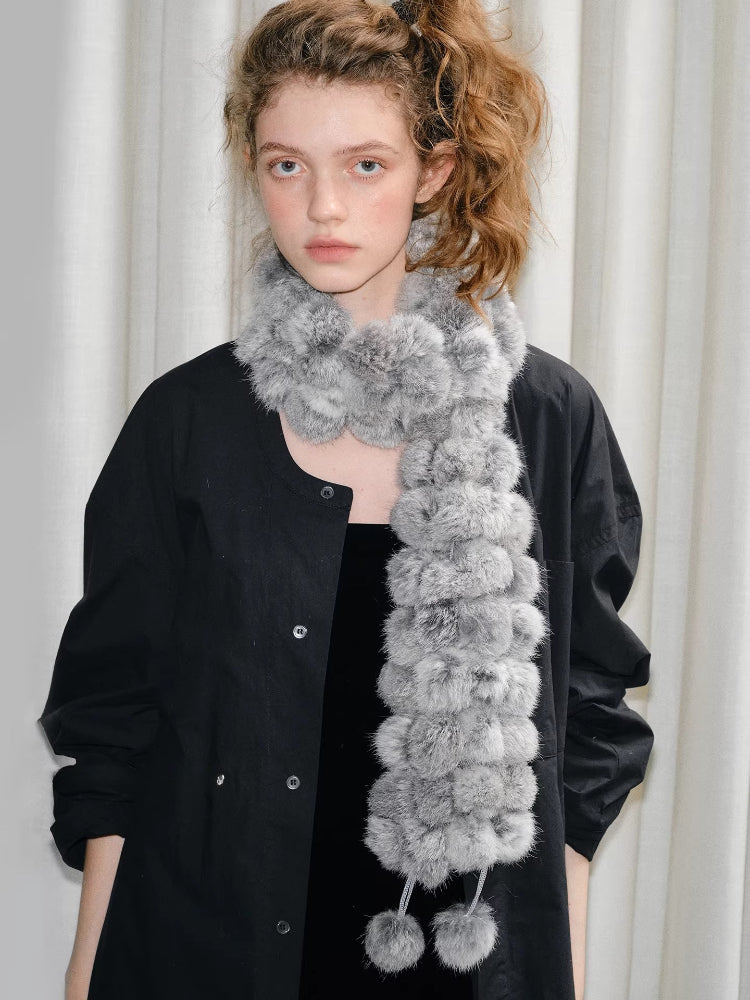 Light Grey Rabbit Fur Pom Pom Scarf Main image