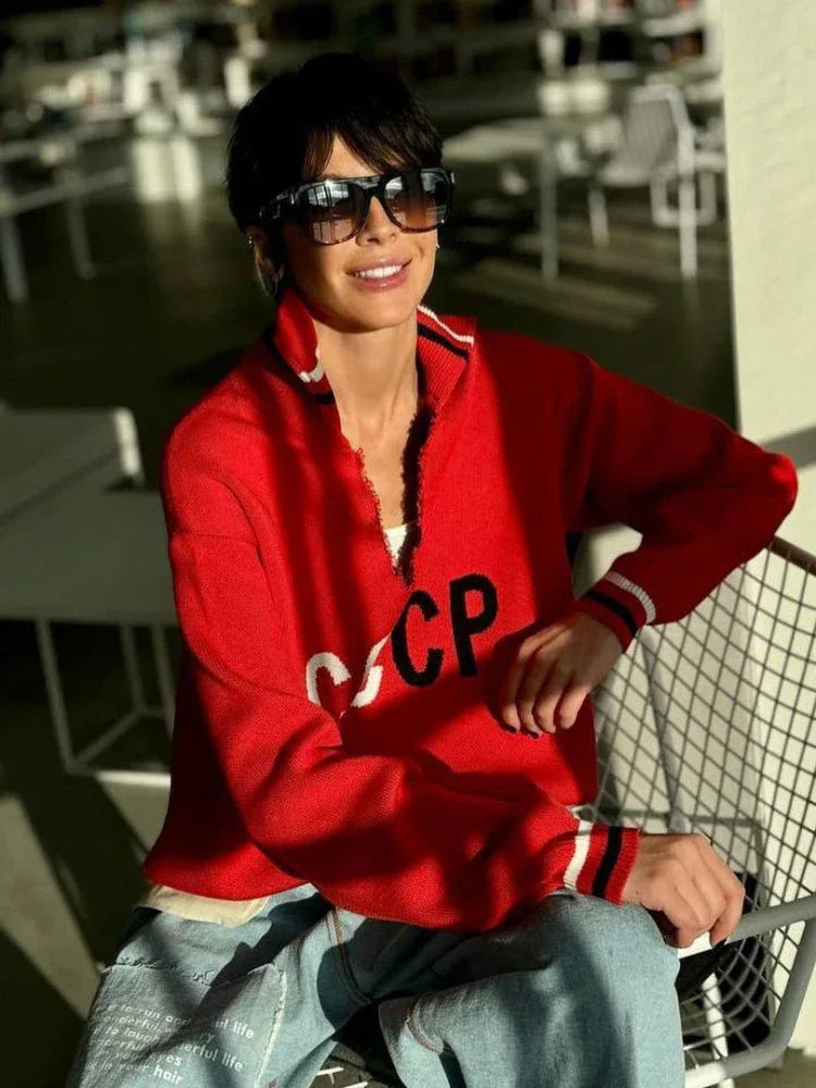 Retro Red CCCP Varsity Sweater with sailor collar and striped trim - View 7 | TEVQA