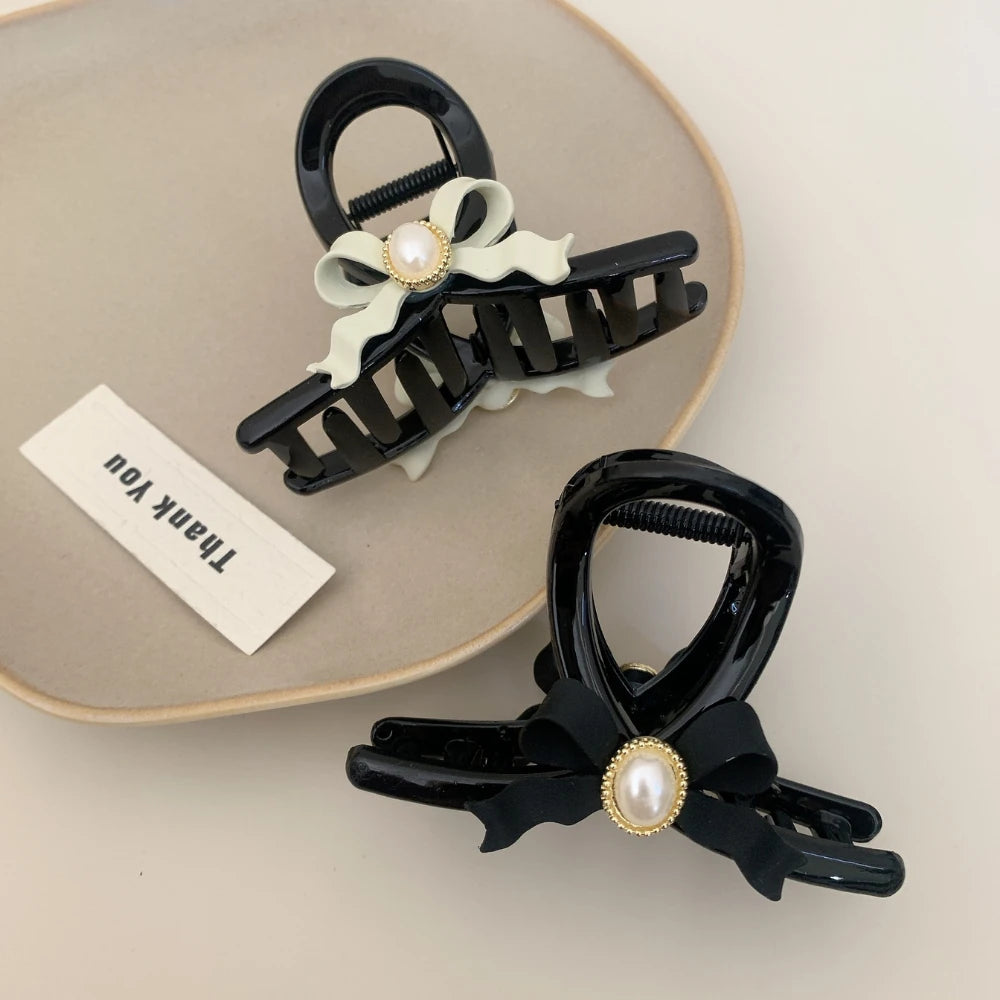 3.15 Inch Pearl Bow Hair Claw Clip - Elegant Preppy Design