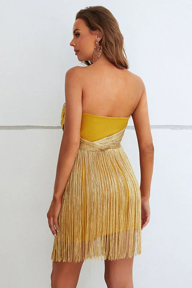 Yellow Ruffles Silk Tassel Trim Dress - TEVQA